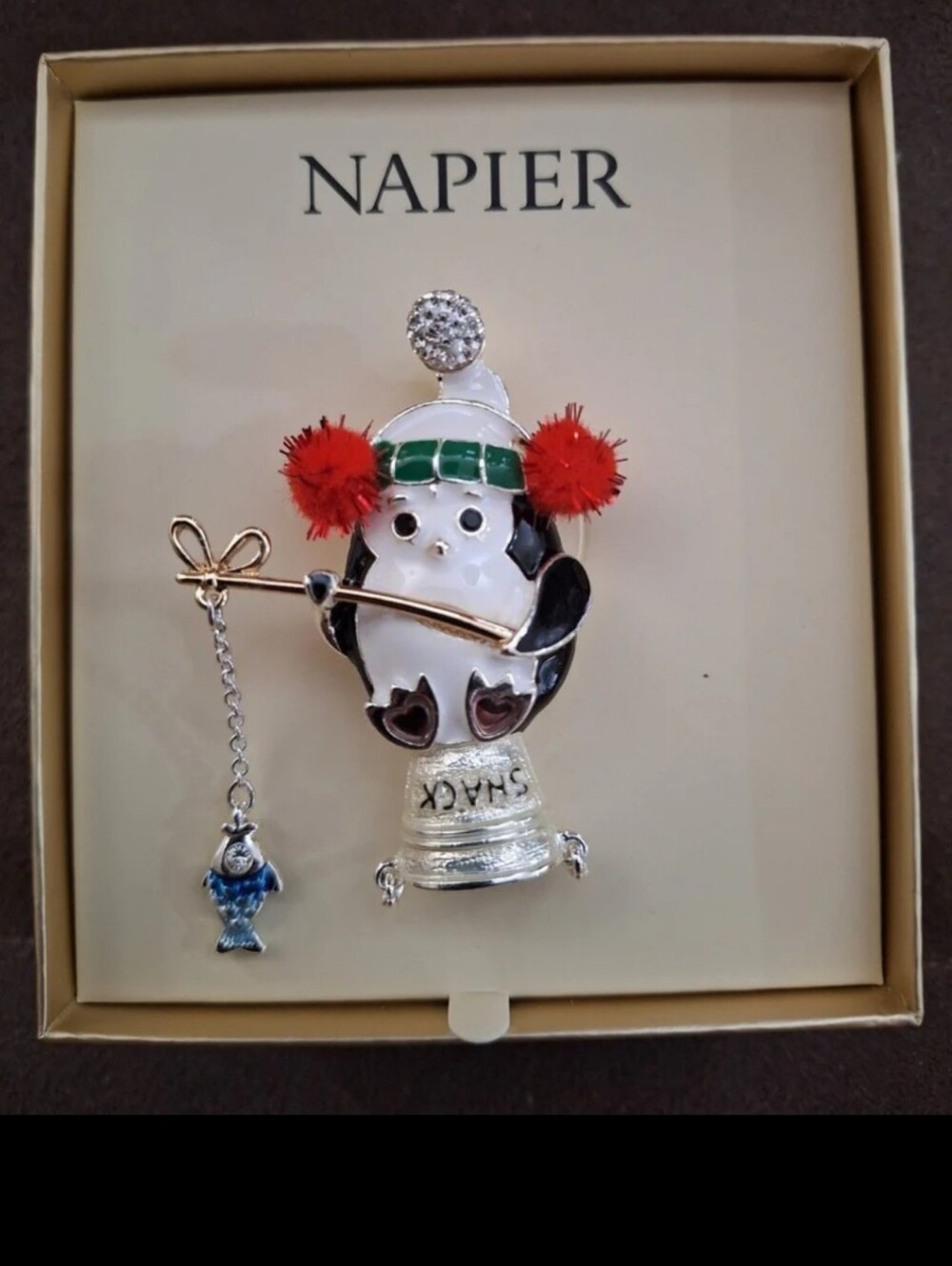 Super Cute Napier Silver Tone Enamel Elevated Fishing Penguin Pin New In Box.